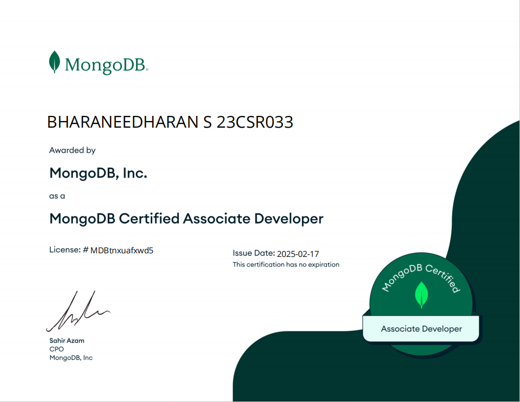 MongoDB Associate Developer certification highlight